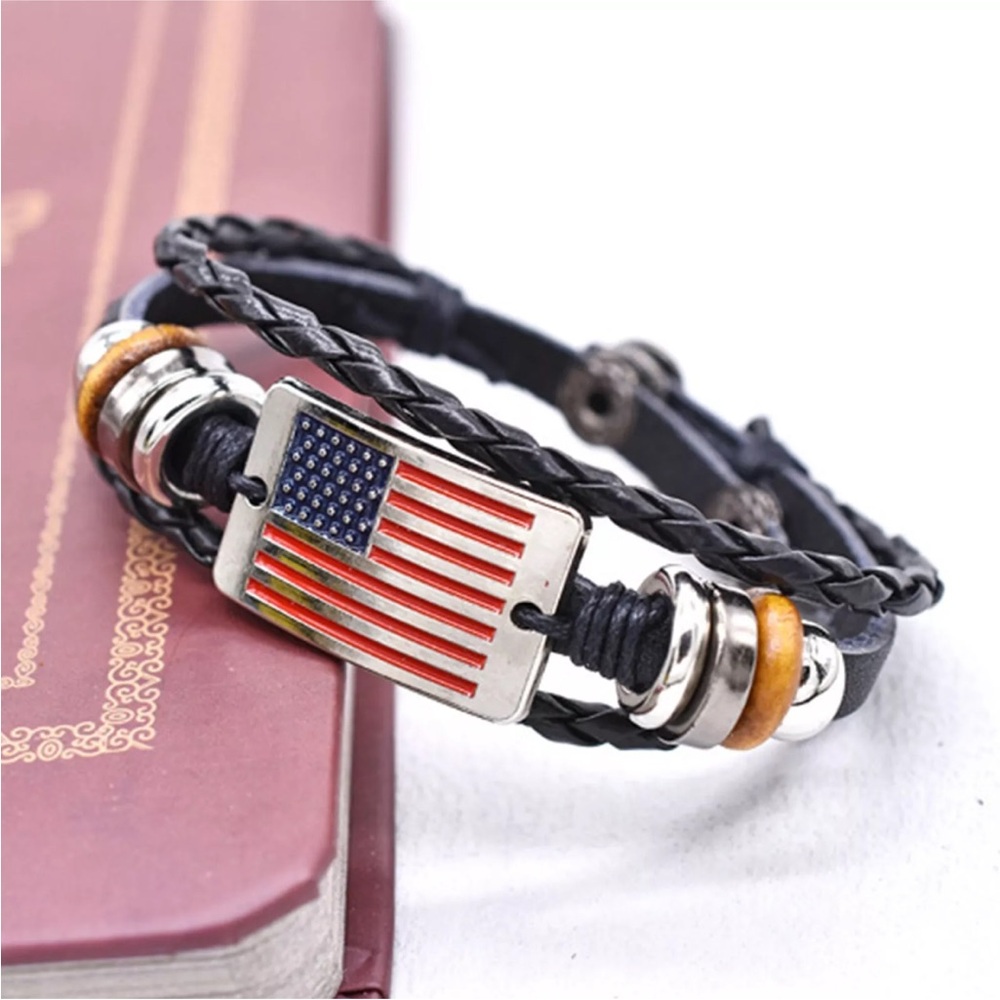 Vintage American Flag Snap Buckle Braided Leather Bracelet Red White Blue SALE
